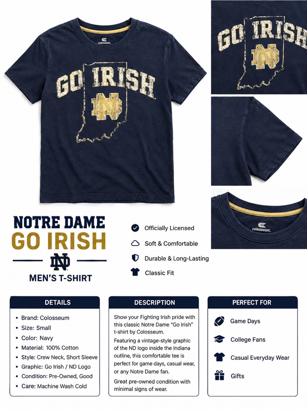 Colosseum Navy Blue 'Go Irish' Short Sleeve Tee with Yellow Graphic